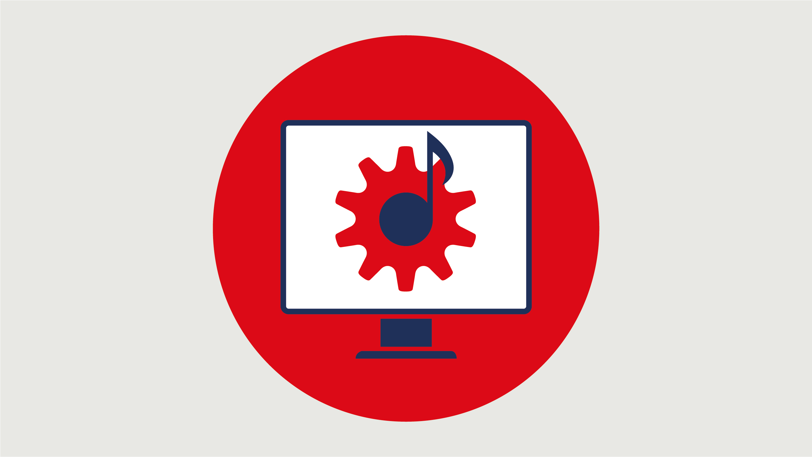 A red circular icon showing a computer monitor with a gear and music note, representing digital collaboration and music group management