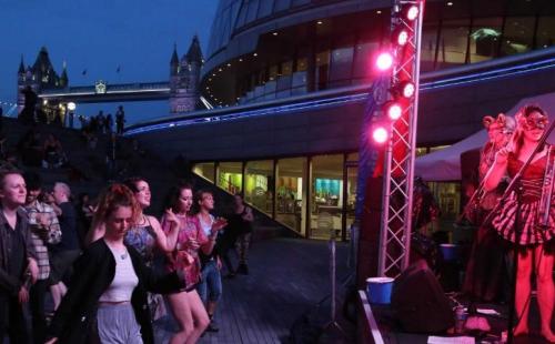 Performers by Tower Bridge in London during Make Music Day in 2017