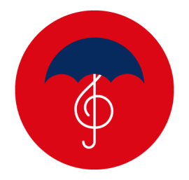 red circle, white treble clef with a navy umbrella