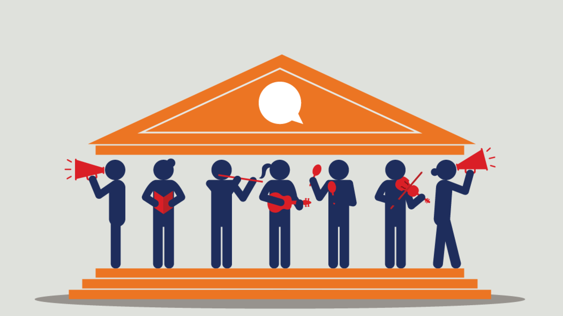 Advocacy bannner 1333x750.png People on steps under orange building with megaphones and instruments - symbolizing advocacy and celebration ogf music