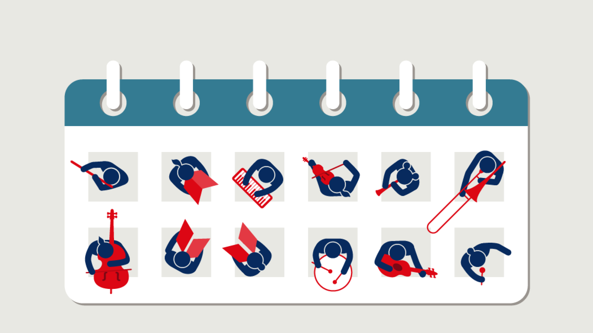 Events.png Illustrated calendar showing 12 icons for music activities like instrument playing, reading music, and group events — ideal for promoting music engagement.