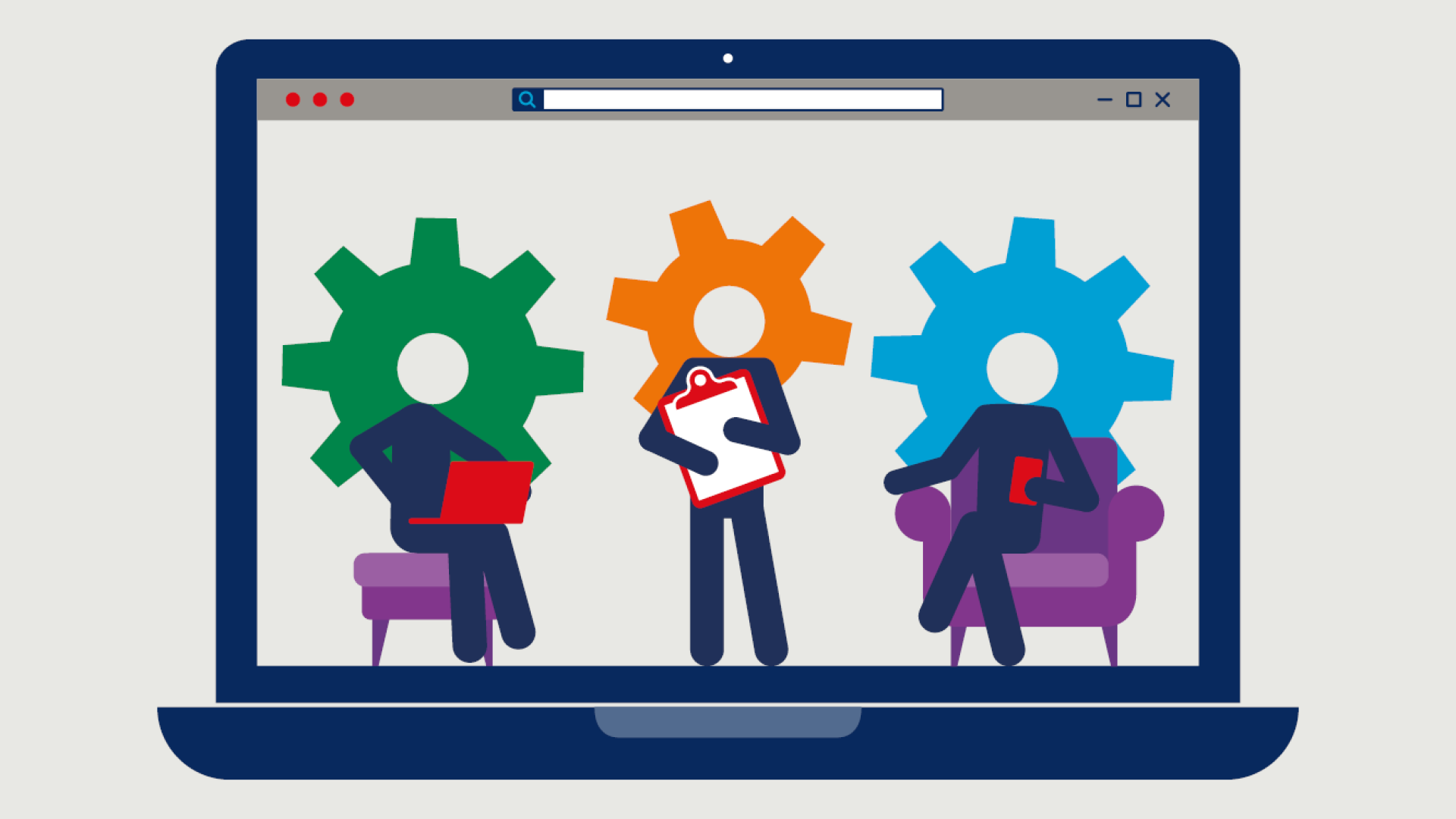 Laptop screen with three figures and colored gears, representing digital collaboration and music group management