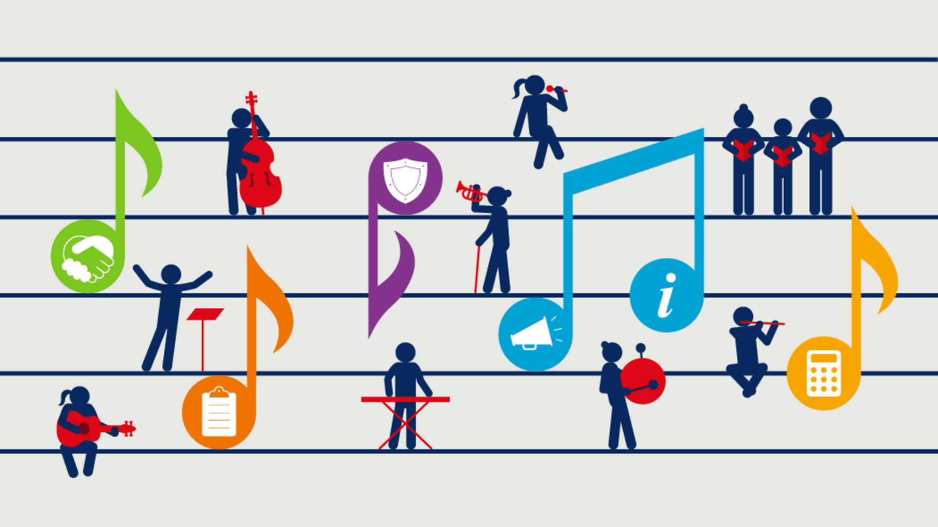 Membership_1051x596.png A colorful musical staff featuring various musical notes, each containing unique icons such as a handshake, shield, truck, information symbol, clipboard, and calculator. Surrounding the staff are silhouettes of people engaged in musical activities, includ