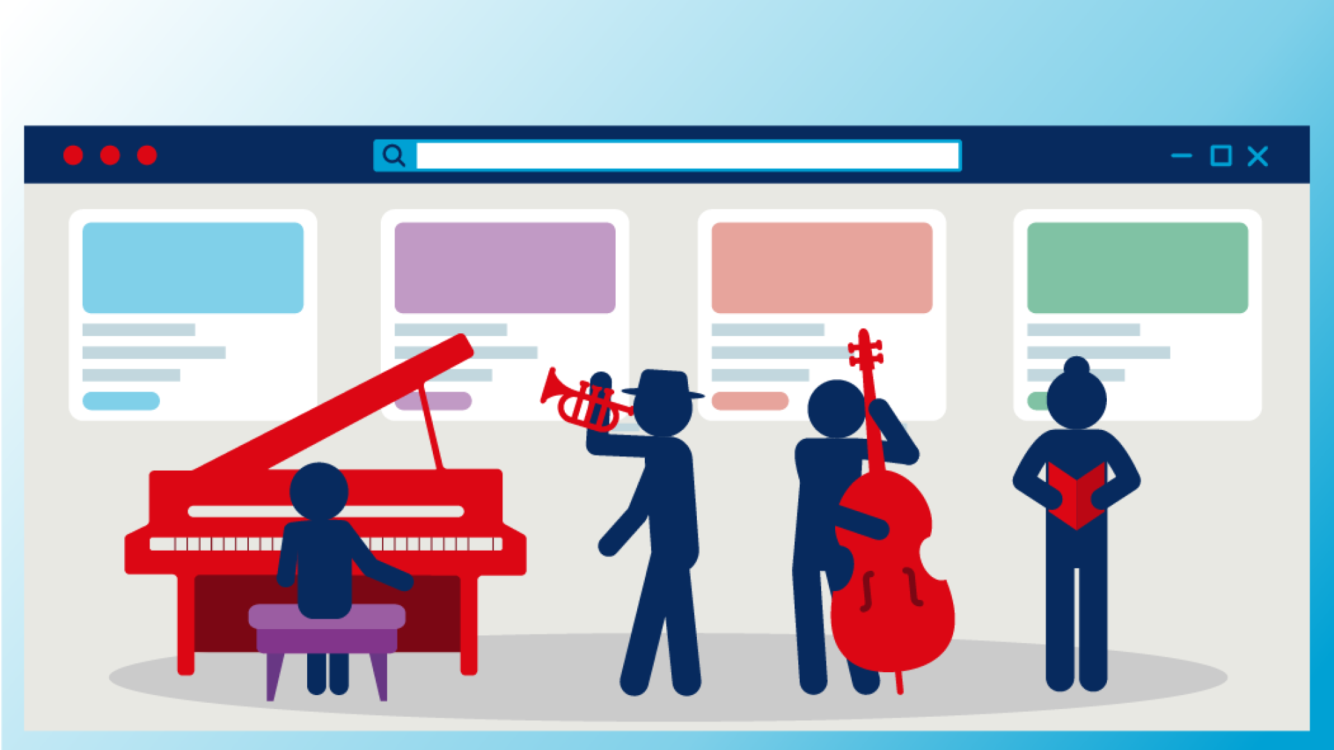 Recommended Artists_illustration_1051x596.png Five figures with musical instruments stand before a search interface; one plays piano, another trumpet, bass, reads sheet music, and one stands without instrument, representing artist diversity.
