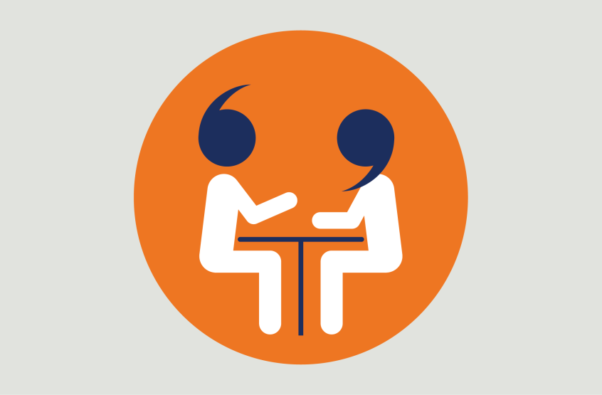 Two figures seated across a table in a blue circle—illustrating music-related discussions, consultations, and advocacy campaigns for the sector.