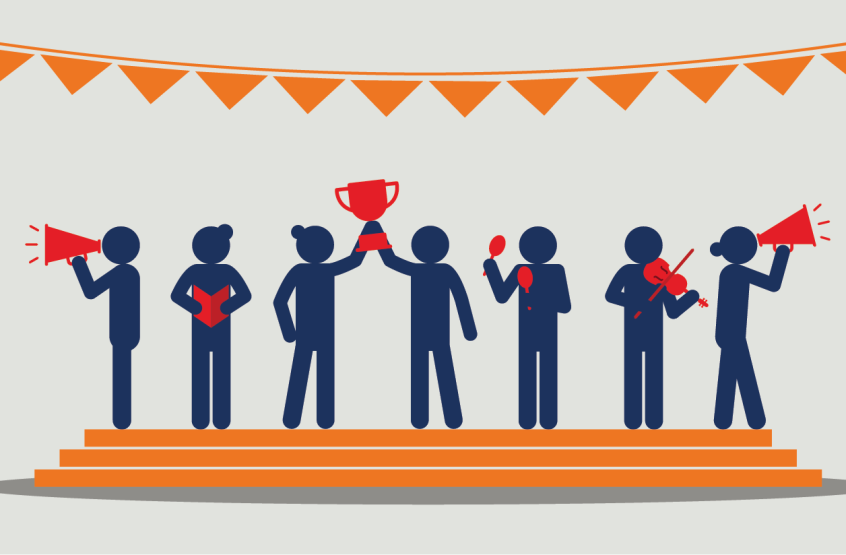 Group of people on a podium with trophies and megaphones under bunting flags, representing music sector achievements, awards, and community celebration.