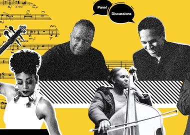 A collage of Black classical musicians playing instruments, with musical notes in the background and text bubbles indicating panel discussions.