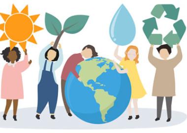 Cartoon of people hugging the earth and holding up recycling/sun/water/plant symbols