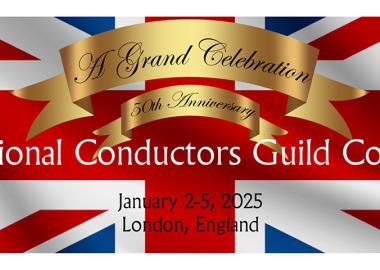 Banner for the International Conductors Guild Conference, celebrating its 50th anniversary. The background features the Union Jack flag, with golden ribbons reading 'A Grand Celebration, 50th Anniversary.' The text includes the event details: January 2-5, 2025, London, England, and the International Conductors Guild logo in the corner.