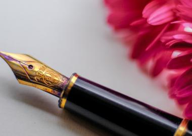 close-up of a fountain pen next to a pink flower